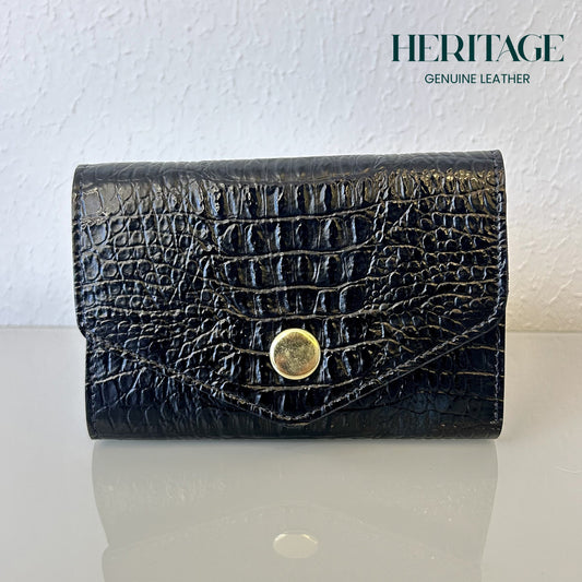 Billetera Vertical con Broche Cuero Charol Negro Heritage