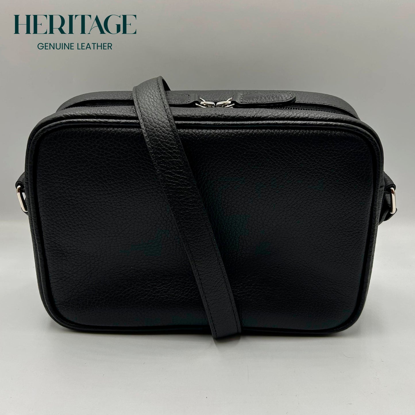 Camera Bag Monaco Mediana con Cinta Cuero Granulado Negro Heritage