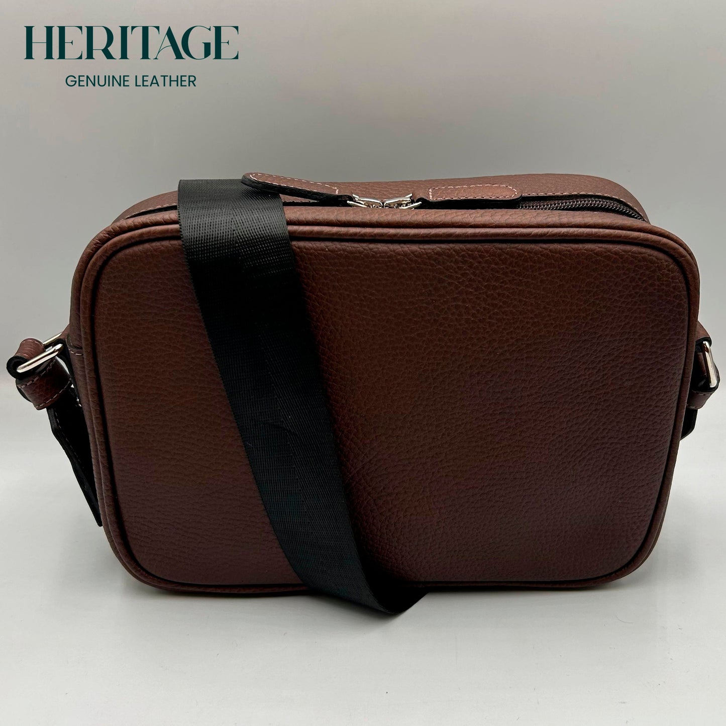 Camera Bag Monaco Mediana con Cinta Cuero Granulado Cafe Heritage