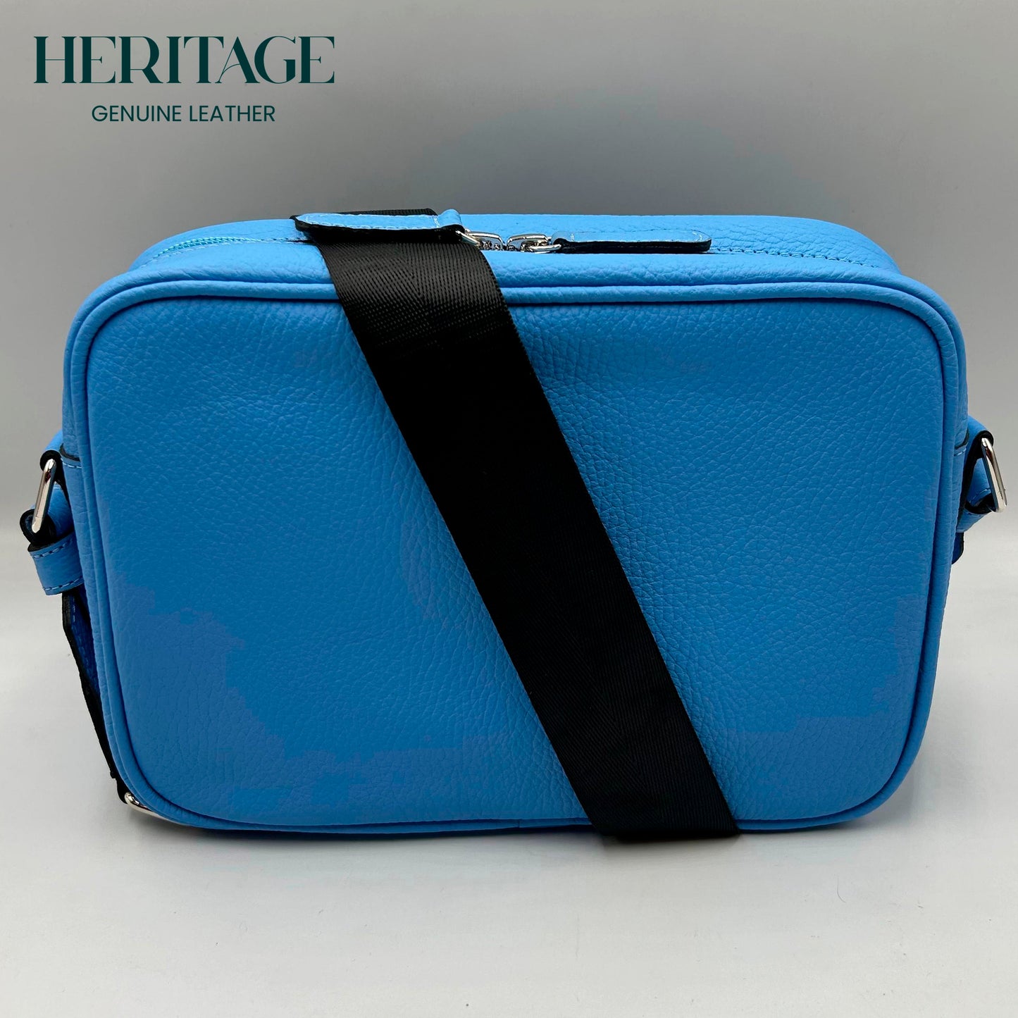 Camera Bag Monaco Mediana con Cinta Cuero Granulado Celeste Heritage