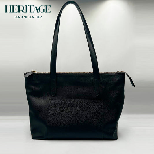 Tote Bag Roma con Cierre en Cuero Granulado Negro Heritage