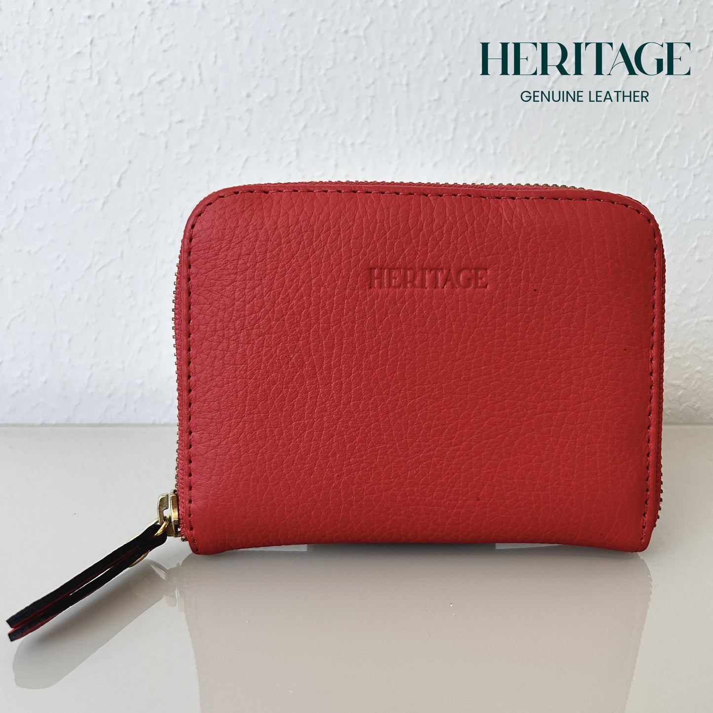 Billetera Pequeña con Cierre en Cuero Granulado Rojo Heritage