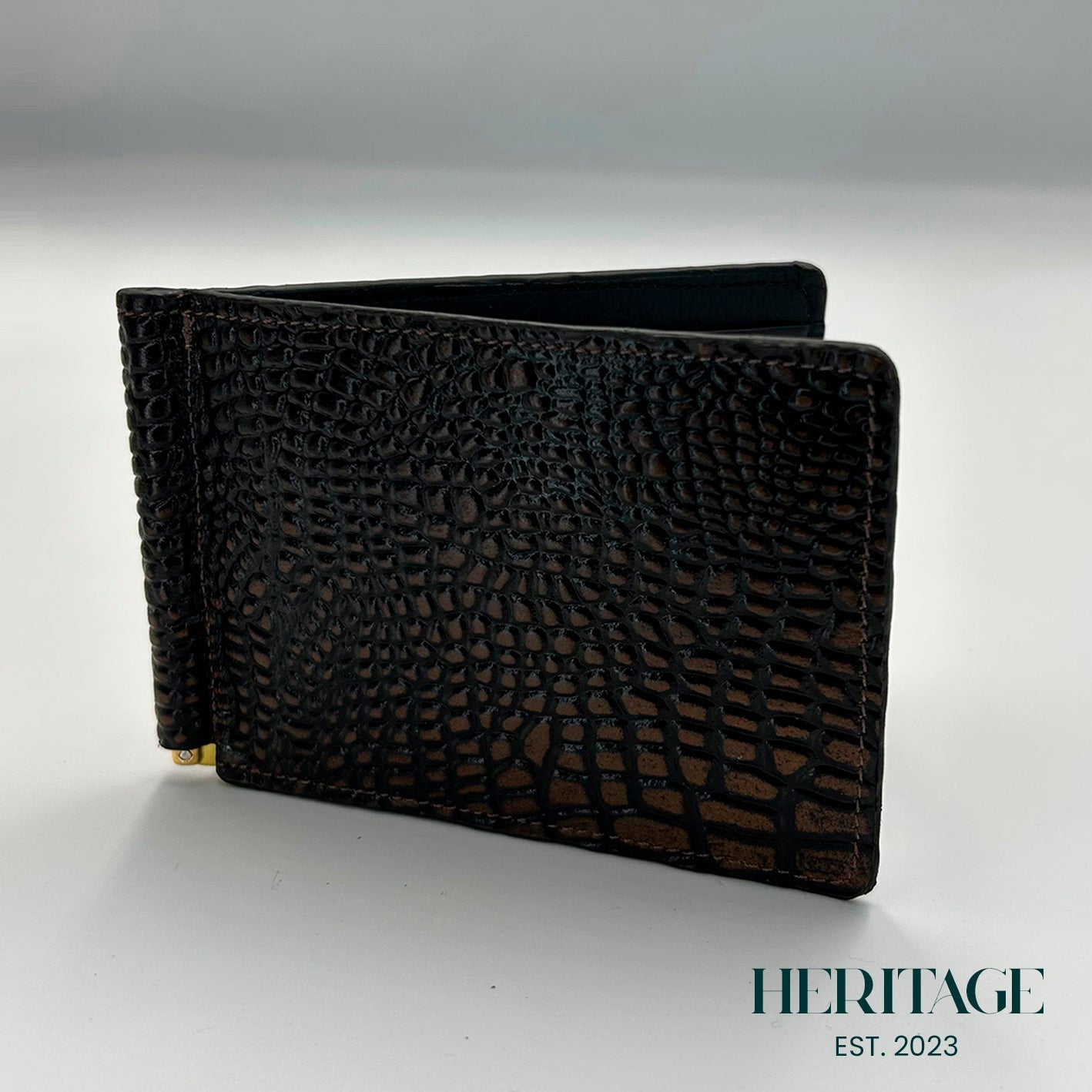 Billetera con Clip Cuero Croco Café Heritage