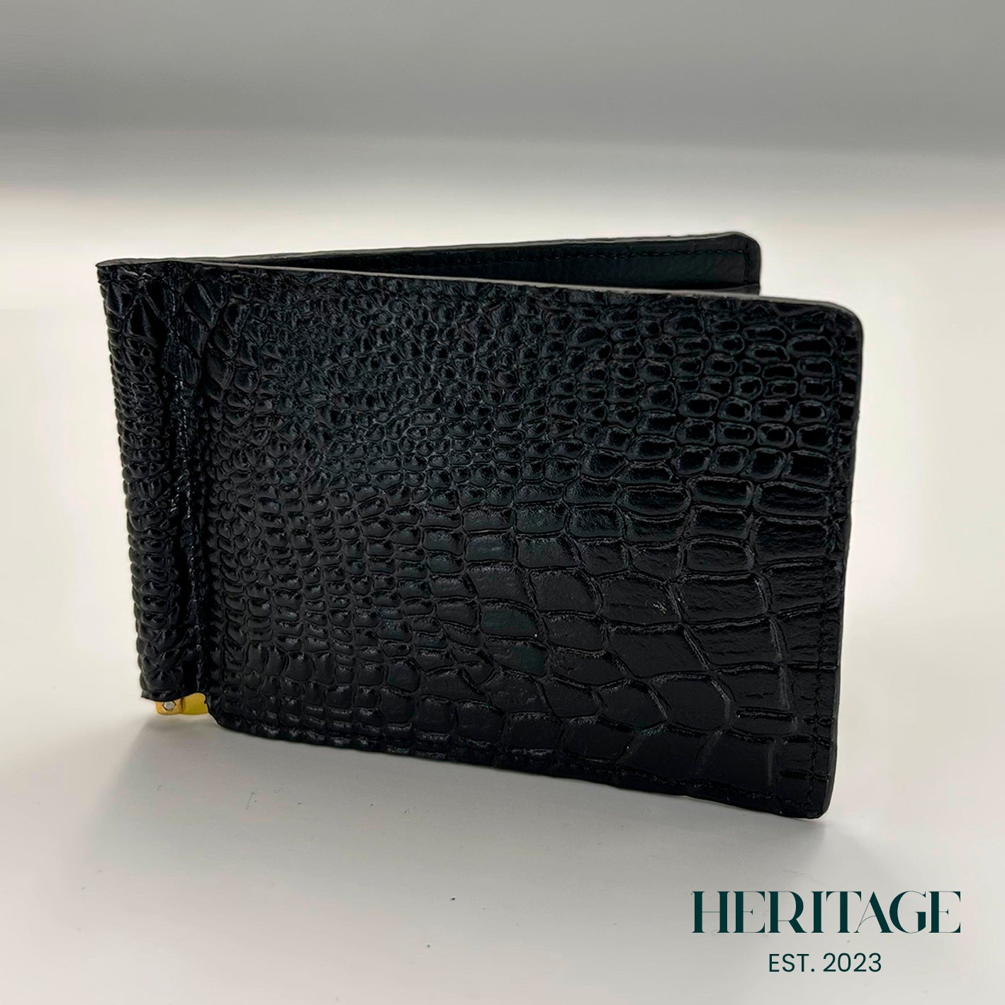 Billetera con Clip Cuero Croco Negro Heritage