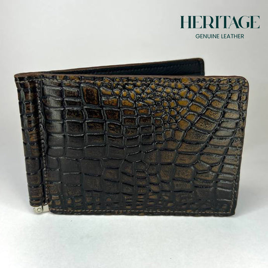 Billetera con Clip Cuero Croco Café Heritage