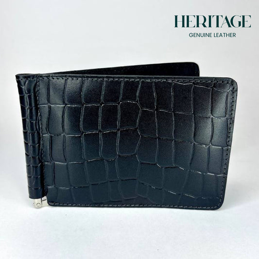 Billetera con Clip Cuero Croco Negro Heritage