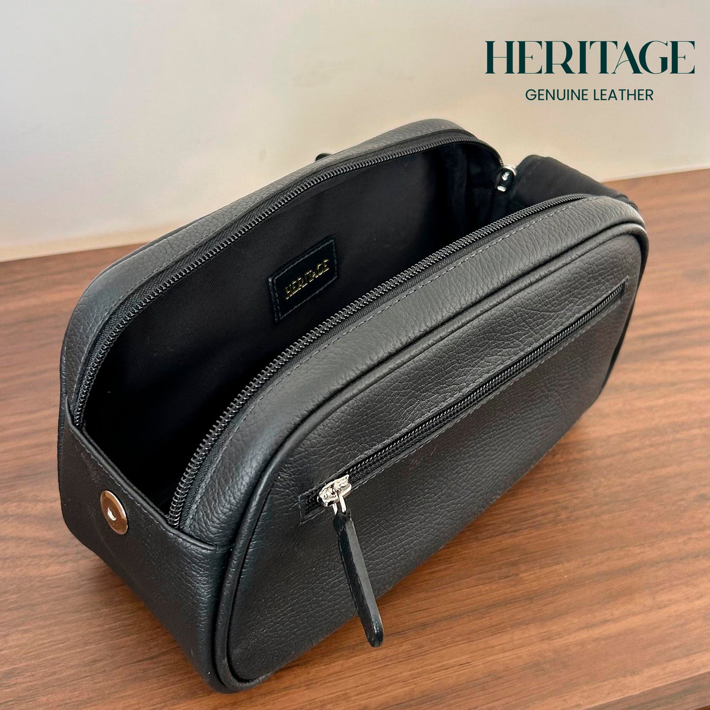 Neceser Dopp Kit Mediano Cuero Granulado Negro Heritage