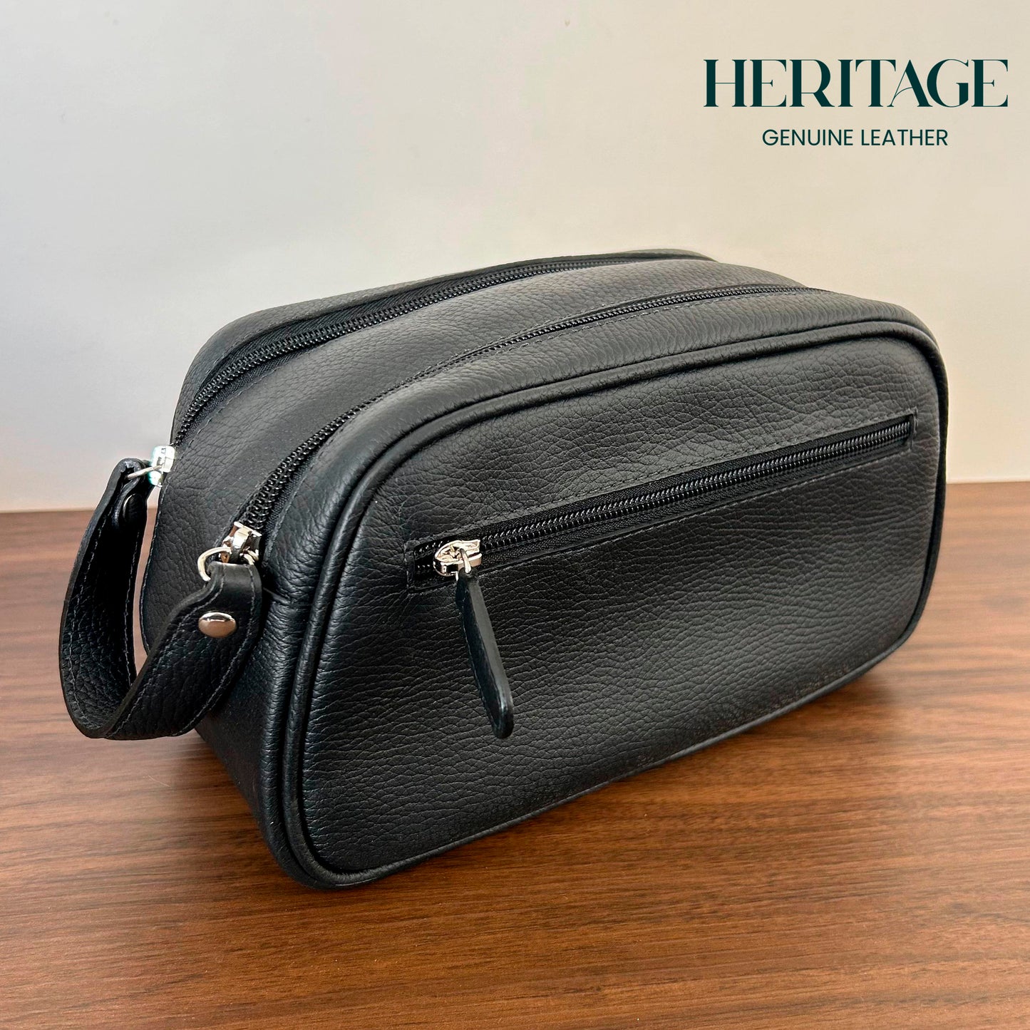 Neceser Dopp Kit Mediano Cuero Granulado Negro Heritage